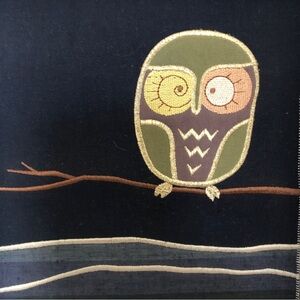 Vintage Mid Century Modern Hand Stitched Owl Fabric Art Panel